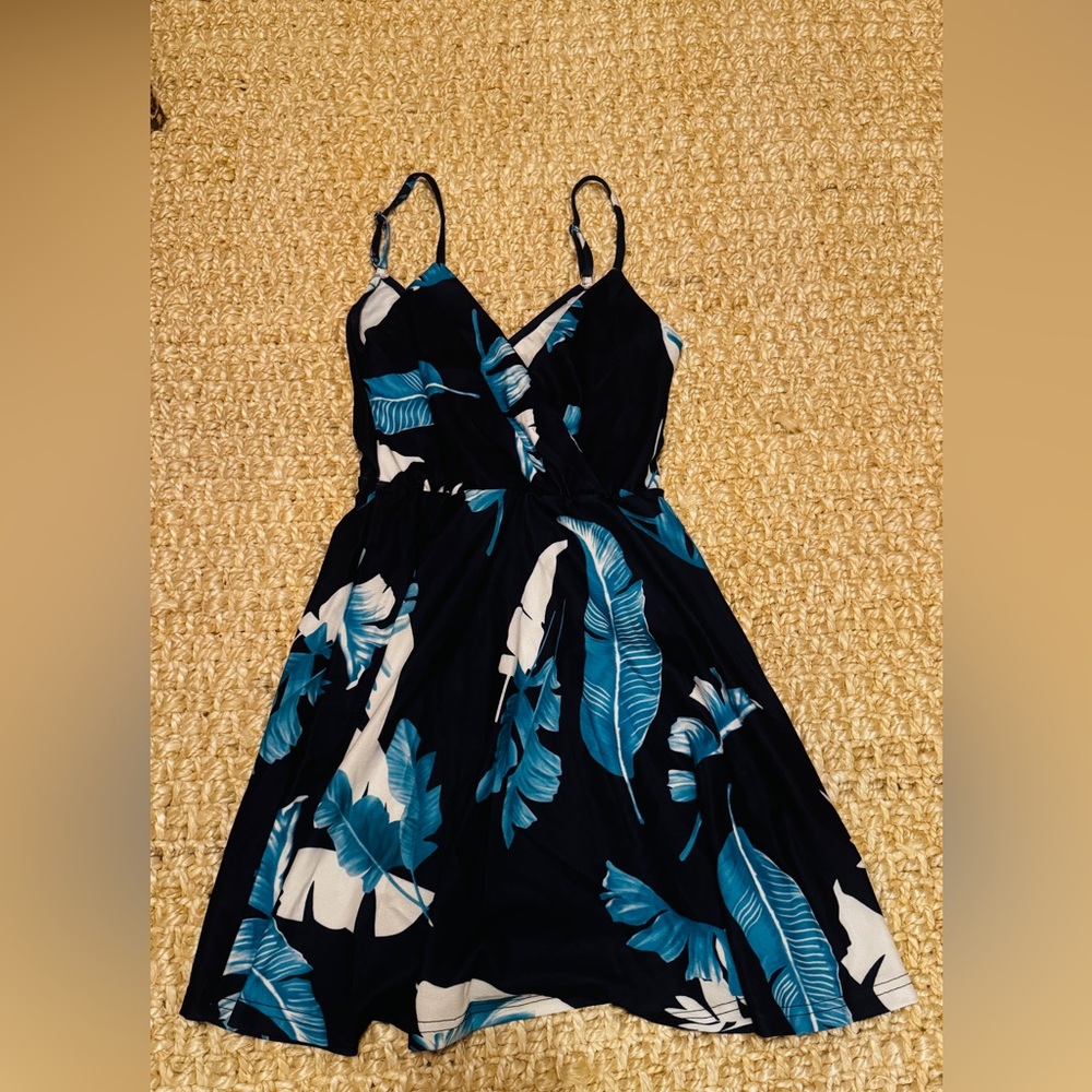 HANZHAN Casual V Neck Sleeveless Sun Dress, Blue, Flowers, Size Small, New